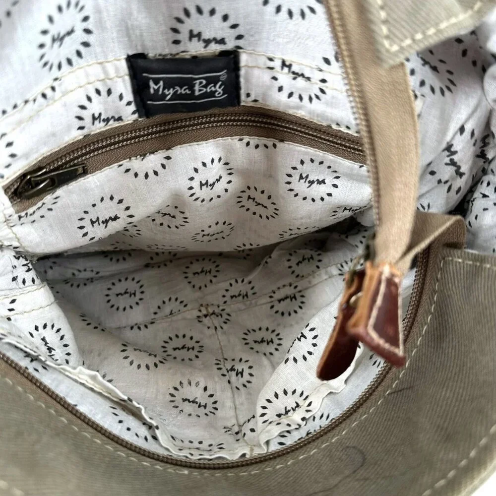 Myra Bag Sage Green Canvas and Brown Leather Messenger Tote Crossbody Bag - Picture 8 of 9